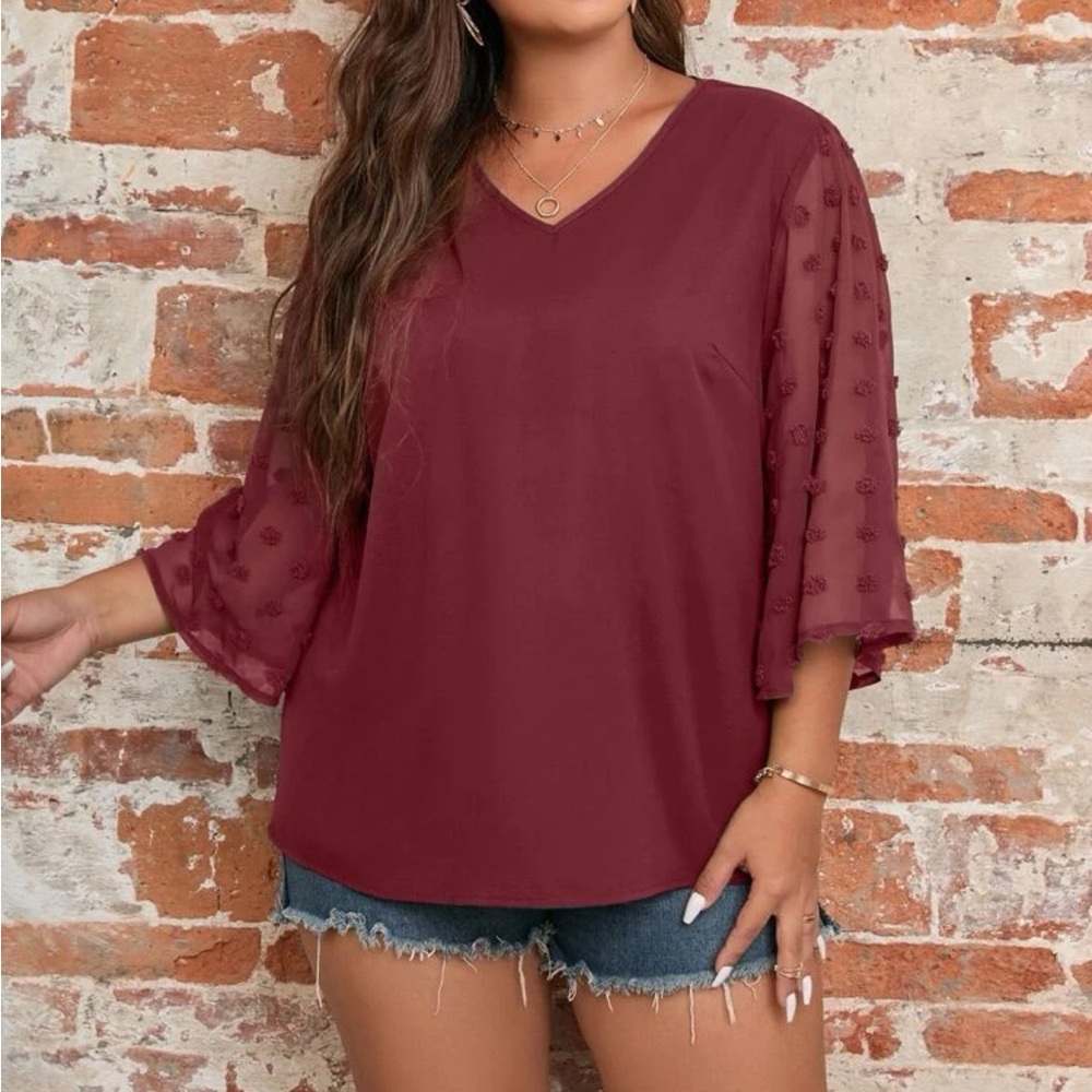 Plus size dusty pink Swiss dot sleeve V neck blouse - Picture 7 of 16